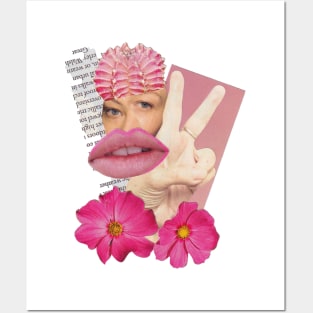 Pink Flower Power Lady Collage Art Posters and Art